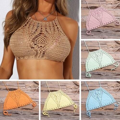 Bikini Top Handmade Crochet Women Boho Beach Bralette Solid Halter Knitted Swimsuit Brazilian Bikinis Bathing Suit Top