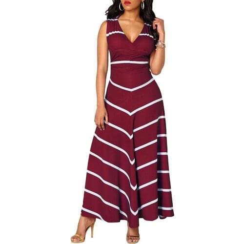 Summer Women Dresses Sleeveless Deep V Neck Striped Large Hem Waist Tight Plus Size Maxi Dress Womens Clothing 5XL