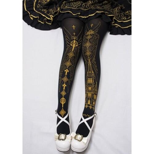 200D long section church hot stamping silver printed pantyhose Lolita base socks