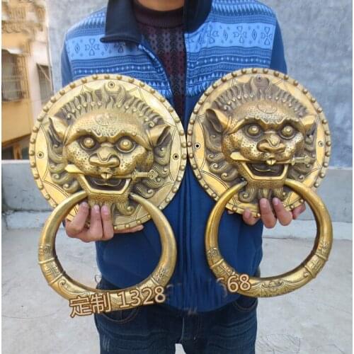 44CM LARGE HUGE HOME EXORCISE EVIL SPIRITS MASCOT THRIVING BUSINESS SPIRITUAL LIONS FENG SHUI COPPER DOORBELL DOOR HANDLE