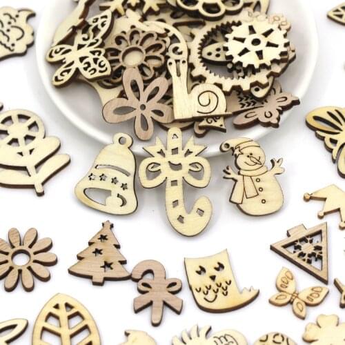 50pcs Mini Wooden Pendants Christmas Ornaments Hollow Wooden Blanks Crafts Party/Christmas Tree/Home Decoration Hanging DIY Gift