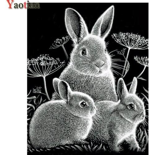 Diamond Mosaic DIY 5D Diamond Painting Black White Rabbit Full Square Drill Animal Diamond Embroidery Cross Stitch Decoration