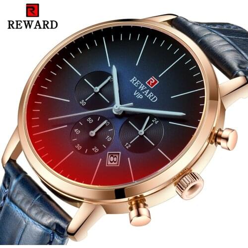 REWARD Quartz Watches Unique Double Color Dial with Blue Leather Band 3 Sub Dial Casual Mens Watches Calendar Display Clock