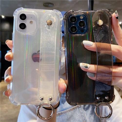 Luxury Laser Glitter Transparent Phone Case for iPhone 12 Mini 11 Pro Max XR XS 7 8 Plus SE 2020 Wristband Stand Silicone Cover