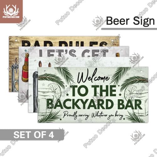 Putuo Decor 4PCS Bar Signs Wood Sign Rustic Wooden Plaque Hanging Family Plate for Home Decor Bar Pub Wall Decoration Gifts