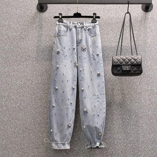 Jeans Woman Beading Streetwear Vintage Clothes Pantalones Mujer Baggy Pants Korean Fashion Mom Vaqueros Plus Size Denim Trousers