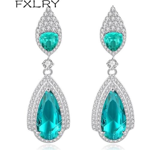 FXLRY High Quality Luxury White Color Mirco Paved Cubic Zircon Water Droplets Dangle Wedding Earring Fashion Jewelry
