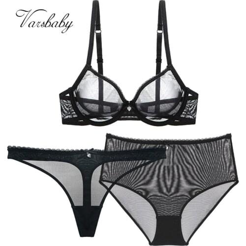 Varsbaby Sexy See-Through Bra+Thong+High-Waist Briefs Yarn Lingerie Set