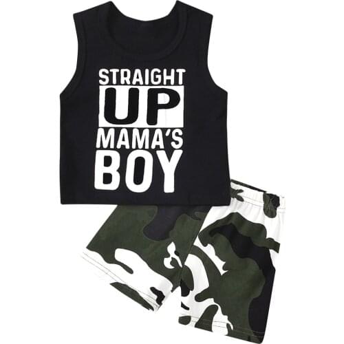 New 2 Pieces Summer Suit Set for Baby Boy Letter Print Round Neck Sleeveless T-Shirt+Camouflage Print Pants, Black