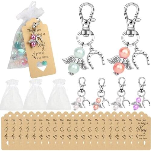 Mini Pearl Angle Guardian Angel Lucky Charm Keychains with Thank You Tag Candy Bag Pouch for Rustic Wedding Decorations