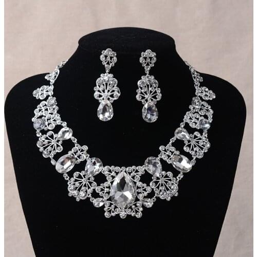 Fashion Rhinestone Costume Jewelry Sets Silver Color Crystal Statement Necklace Earrings Set Wedding African Beads Jewelry Set