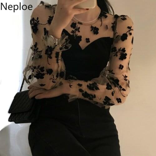 Neploe Korean Women Blouses Woman Clothes Shirt Patchwork Floral Tops Vintage See Through Blouse Summer Blusas Mujer De Moda