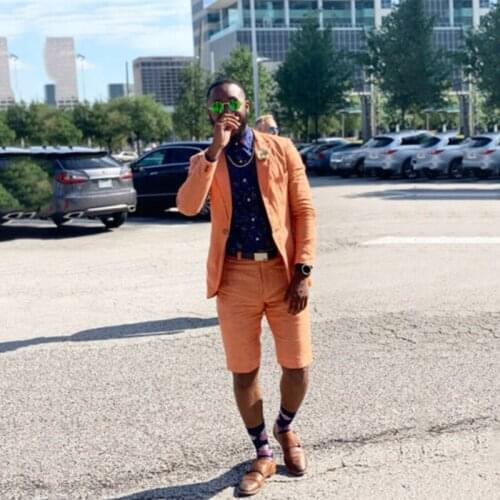 Latest Design 2020 Summer Orange Linen Men Suit With Short Pants Summer Beach Groom Wedding Tuxedo Cutsom Slim Fit 2 Piece Suit