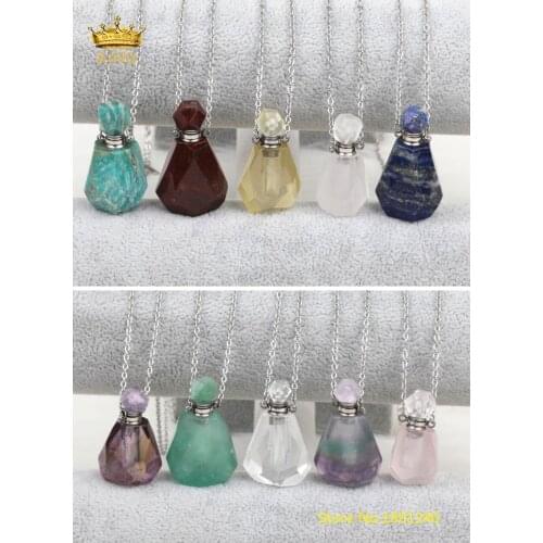 Natural Pink Quartz Perfume Bottle Silvery Chain Pendant Necklace Women Crystal Stone Essential Oil Bottle Jewelry SA-09KBCB