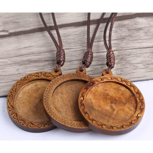 Reidgaller 5pcs wood cabochon trays 30mm dia blank pendant bezel tray settings with leather cord for necklace jewelry making