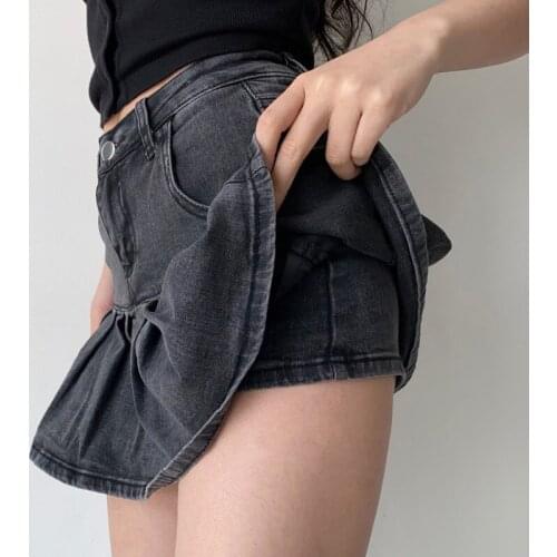 TVVOVVIN American Hot Sexy High Waist A-line Denim Mini Pleated Skirt Womens Ruffle Skorts Korean Women Sweet Girl Female 6C3R
