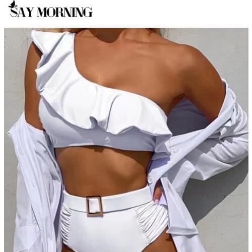 SAY MORNING Solid Color One-Shoulder Ruffled Two-Piece Swimsuit Sexy Womens Bikini Beachwear Swimwear Bathing Swimming Wear