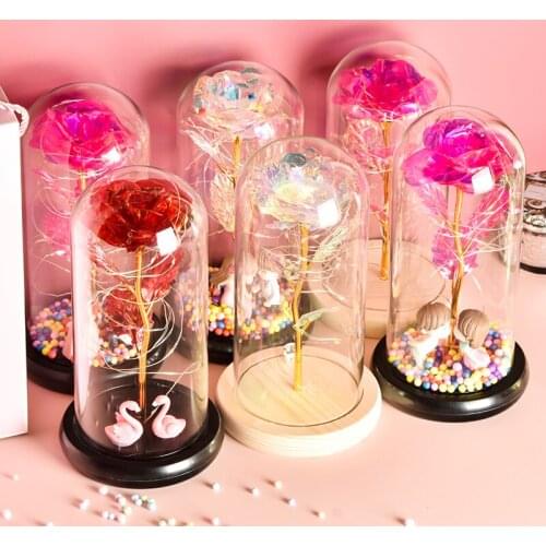 2021 LED Enchanted Rose Eternal 24K Gold Artificial Flowers with Fairy String Lights In Dome for Christmas Valentines Day Gift