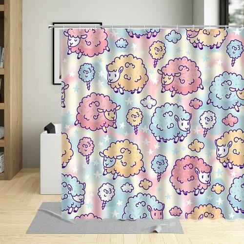 Sweet Lovely Cartoons Sheep Shower Curtain Alpaca Printing Kids Bathroom Decor Waterproof Polyester Fabric Curtains With Hooks