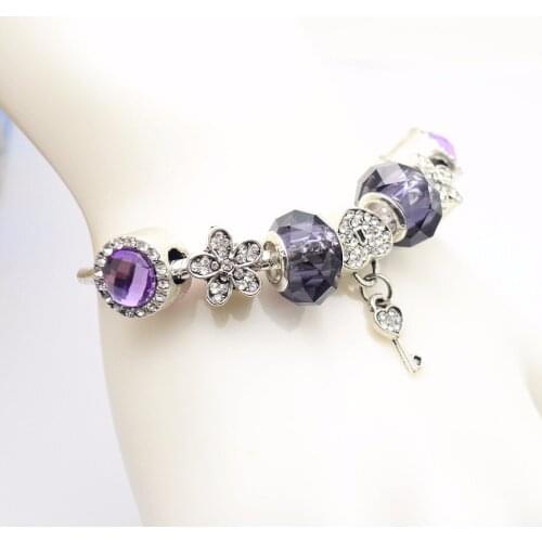 Purple Women Bracelet Murano Glass Bead Crystal Lock key Awareness fit european bracelet women charm bracelet js1499