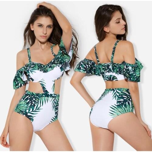 Womens One Piece Swimsuit Vintage Off Shoulder Ruffled Bathing Suits Cut Out Sexy Monokini Printed Beachwear Swimwear