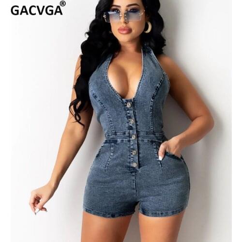 GACVGA 2021 Summer Sexy Bodycon Denim Playsuit Single-Breasted Slim Shorts Jumpsuit High Waist Elasticity Rompers Overalls