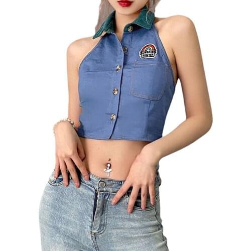 Women Fashion Close-fitting Vest, Blue Turn-down Collar Sleeveless Off-the-shoulder Crop Tops, S/ M/ L