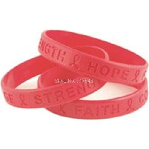100pcs Hope Faith Strength Courage Red Awareness wristband silicone bracelets free shipping by epacket A