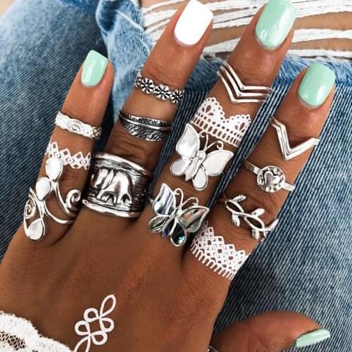 14 pcs/set Bohemian Crystal Leaf Hollow Geometric Rings for Women Jewelry Vintage Elephant Butterfly Knuckle Rings Set
