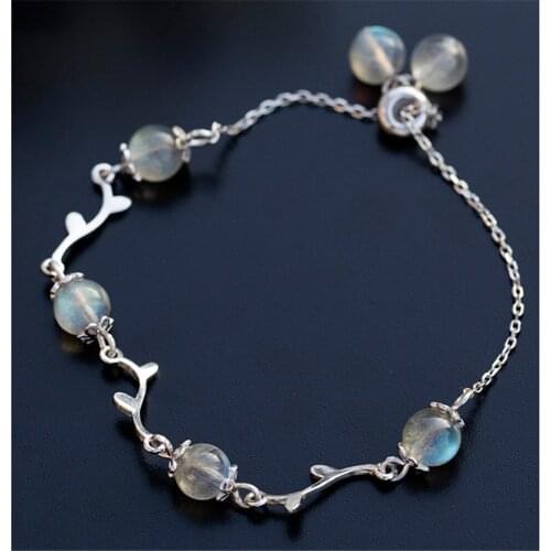Natural Moonstone Charm Bracelet For Women Girls 925 Silver Bracelet Bangles Adjustable Handmade Beaded Jewelry Accessories Gift