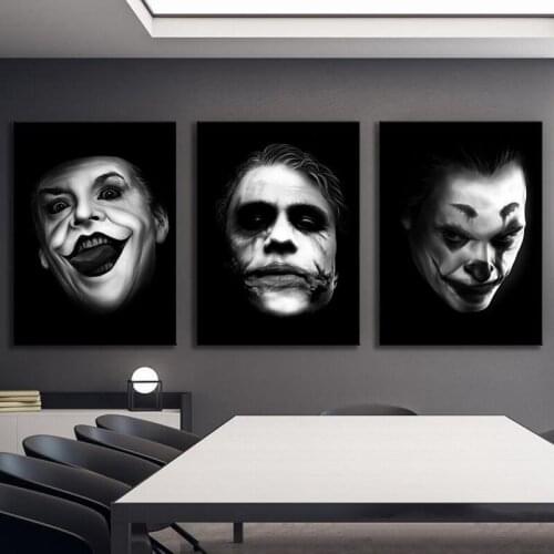 Black and White Moive Poster 3 Pieces Clown Canvas Wall Pictures for Living Room Wall Decor Gift Paintings