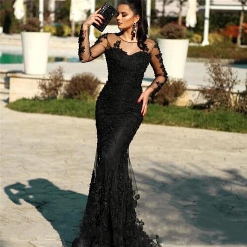 Black Evening Dresses Mermaid Long Sleeves Tulle Appliques Beaded Dubai Saudi Arabia Long Prom Dress Gown Robe De Soiree