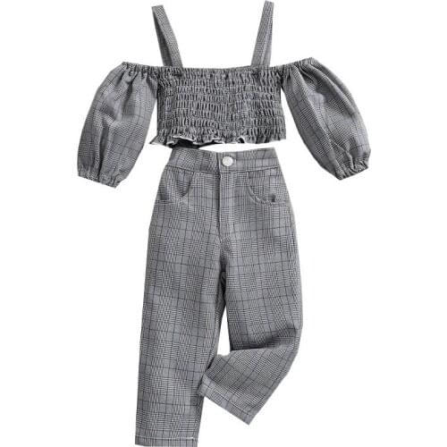 1-5Y Toddler Kids Baby Girl Plaid Outfits Off Shoulder Strap Crop Tops Long Pant Trouser 2PC Fashion Children Girls Clothes Set