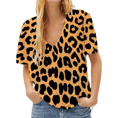 Leopard T-shirt Women Short Sleeve Printed Sexy Tops Tee Womens Clothes Streetwear Hip Hop Summer 3d T Shirt Female V Neck