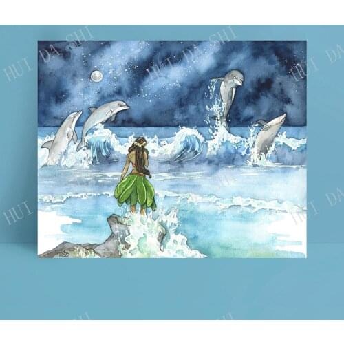Dolphin Watercolor Painting - Print of Dolphins and Girl, Dolphin Painting, Nursery Art, Hawaiian Art, Hula, Dolphin Art