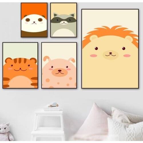 Cartoon Animal Art Painting Picture Lion Tiger Panda Hedgehog Print Canvas Painting Wall Home Decor Children Room Poster Mural