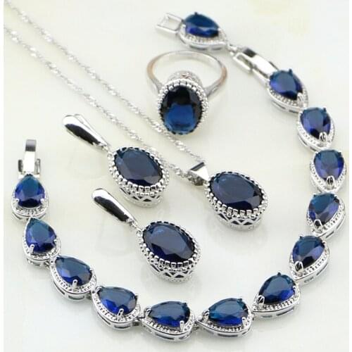 Crown Blue Rhinestone 925 Sterling Silver Jewelry Sets For Women Party Water Drop Bracelet/Earring/Pendant/Necklace/Ring