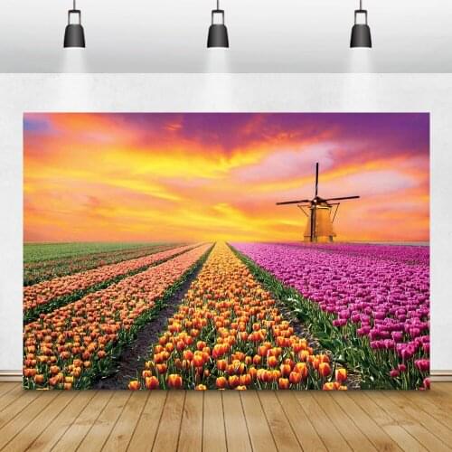 Laeacco Colorful Field Flowers Blossom Windmill Backdrop For Photography Sunset Scenery Photocall Photo Background Photo Studio