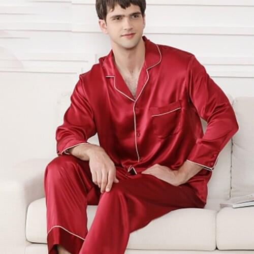 Men Real 100 silk pajamas suit long Full sleeve Sleepwear summer Winter spring noble two-piece Red Solid Striped L XL XXL