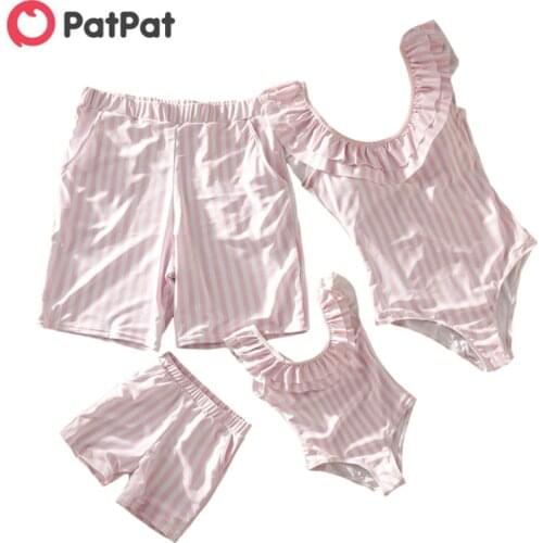 PatPat 2020 New Summer Ruffle Striped Family Swimsuits Matching Outfits Family Look Swimwear for Boy Girl Women and Men