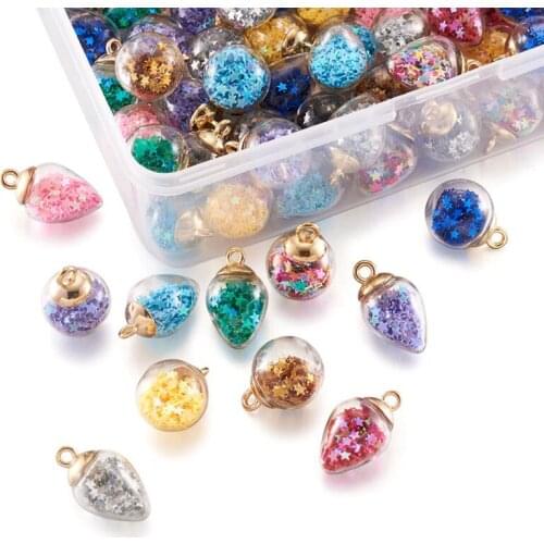 Transparent Glass Globe Pendants with Plastic Paillette/Sequins Beads inside CCB Plastic Pendant Bails for Jewelry Making