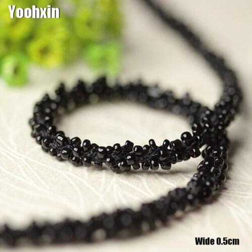0.5CM Wide Luxury Embroidery black beads flower lace fabric trim ribbon DIY sewing applique collar wedding dress guipure decor