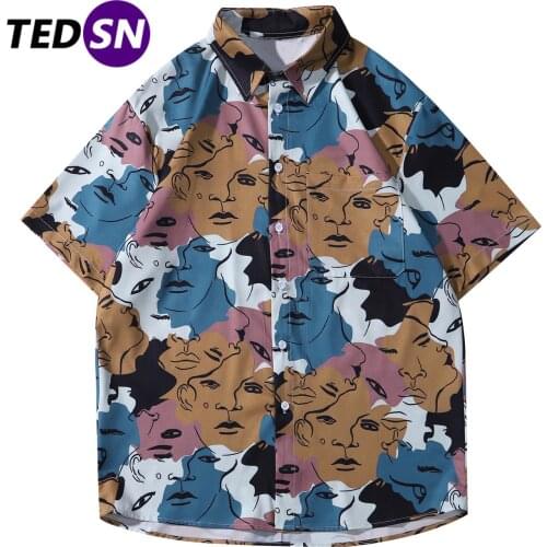 2021 Summer Hip Hop Shirts Men Women Overlapping Faces Print Harajuku Oversized Short Sleeve Shirt Streetwear Cotton Loose Tops