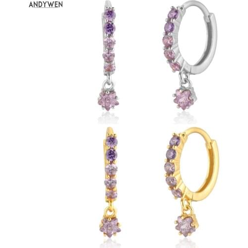 ANDYWEN 100% 925 Sterling Silver Purple Zircon Star Circle Loops Pendiente Fashion Luxury Jewelry Loops Party Clips Earring