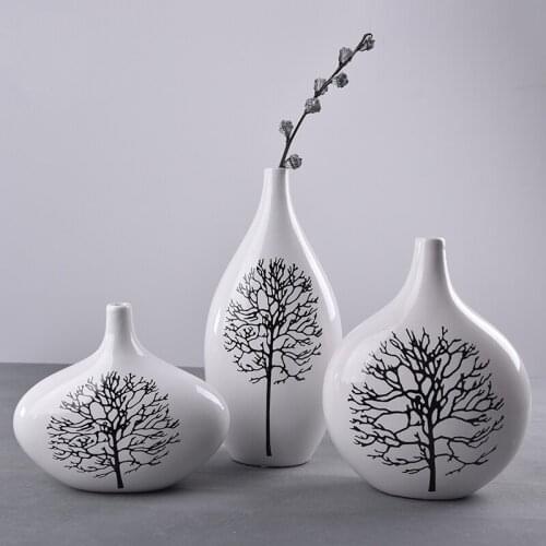 Modern small mouth porcelain vase contracted fashion ceramic vase crafts black and white vase with tree pattern