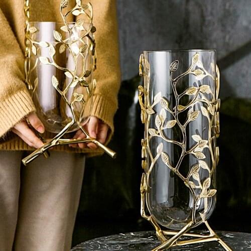 Glass Metal Vase Golden Hollow Out Leaves Branch Handmade Transparent Flower Arrangement Modern Home Decoration Flower Vase