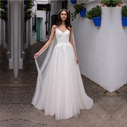 Wedding Dress 2020 Lace Appliques V Neck A-Line vestidos de noiva Sleeveless Bridal Dress Wedding Gowns Tulle Floor Length