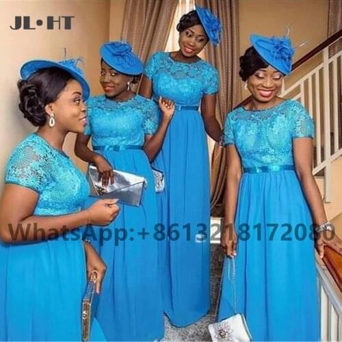 Nigerian 2021 Plus Size Bridesmaid Dress Long with Lace Short Sleeve Wedding Party Gown Chiffon African Bridesmaid Dresses