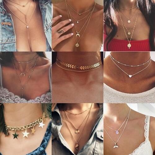 Vintage Multilayer Pendant Necklace Women Moon Star Choker Necklaces Jewelry Charm Hip Hop Simple Roses Mermaid Beach