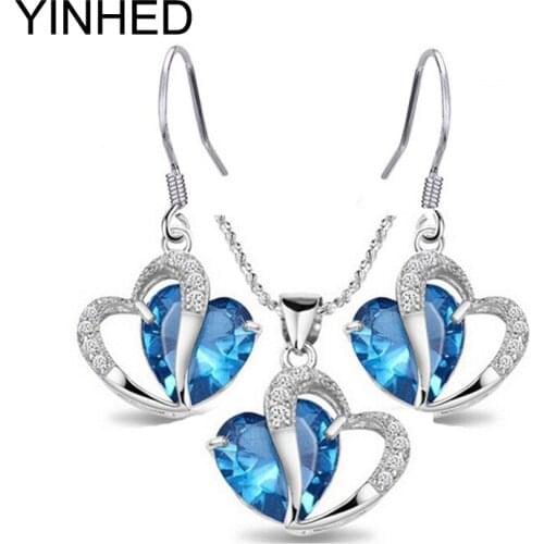 YINHED Romantic Wedding Jewelry Sets 925 Sterling Silver Blue Heart Cubic Zirconia Necklace & Earrings Set for Bridal ZS007